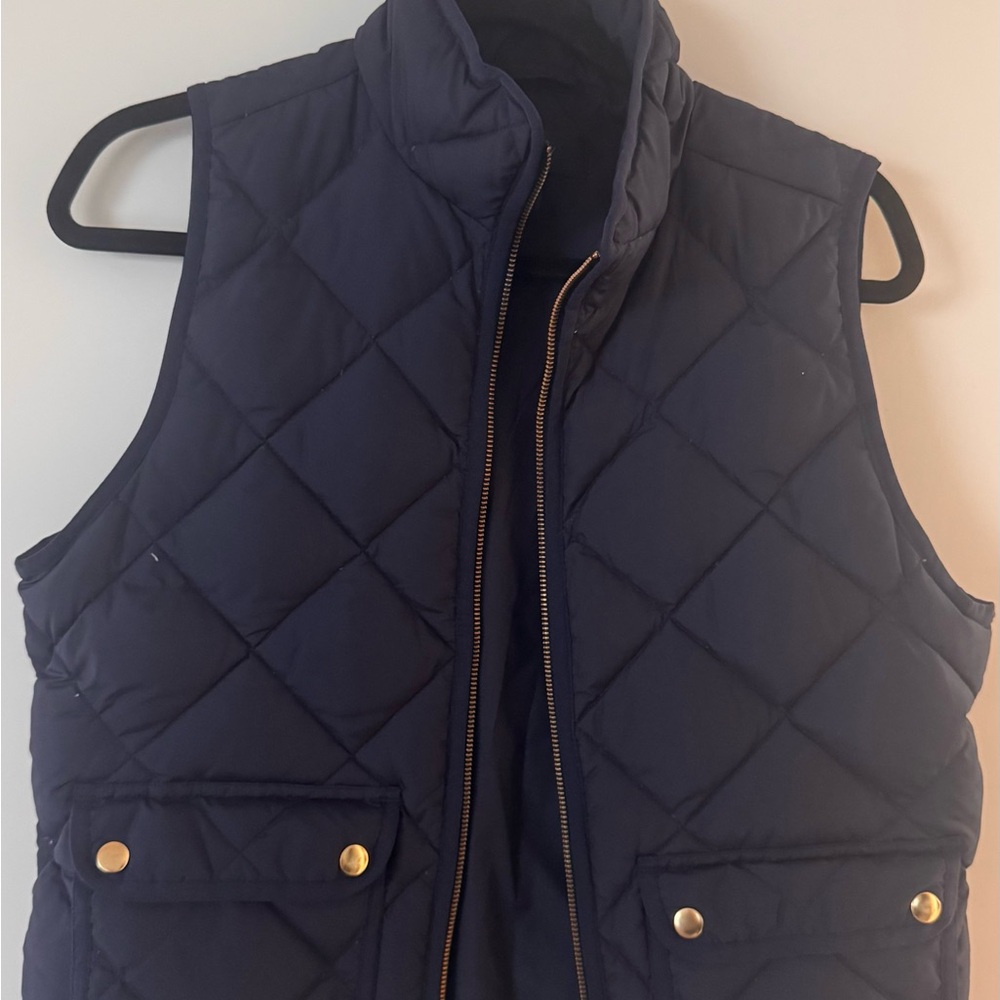 J Crew Navy Quilted Puffer Vest with Gold Accents